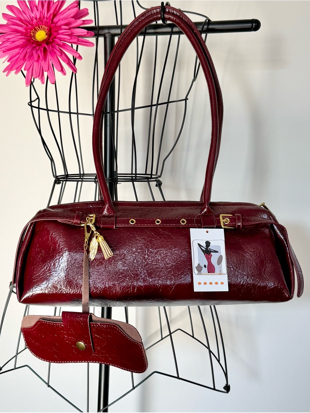 New Cranberry Red Faux Leather Shoulder Bag Purse Handbag w/ Sunglasses Holder